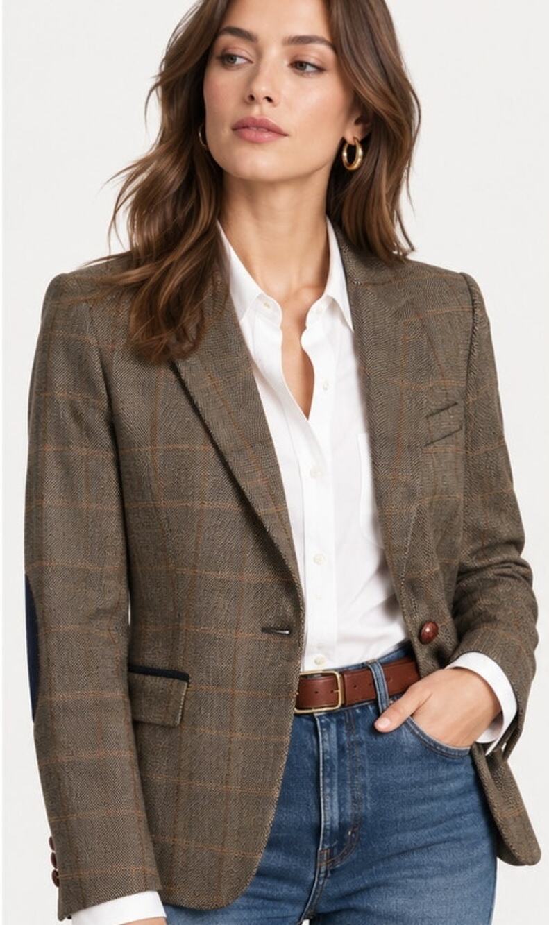 Zara Basic Plaid Tweed Blazer Velvet Navy Elbow Patches Brown Size Large